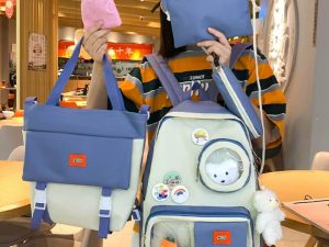 4 Set Backpack For Teenager Girl Waterproof High Capacity School Bags Female Student Cute BookBags | Pink