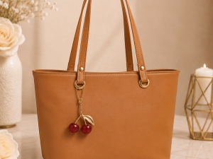 Cherry Charm Women's Tote Bag with Dual Zip Compartments, Back Pocket & Inner Pocket Brown