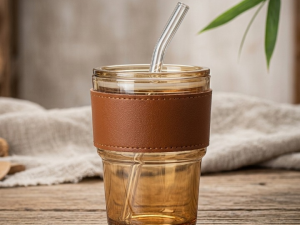 Premium Amber Glass Coffee Tumbler – Travel Mug with Leather Heat Sleeve, Glass Straw (400ml)