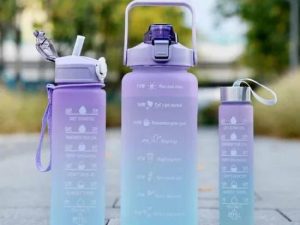 3 Piece Motivational Water Bottle Set BPA Free Plastic Gradient Colors For Students Fitness And Daily Use | Random Color