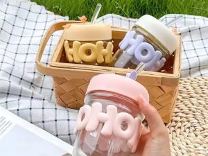 Trendy Pearl Handle Glass Water Bottle with Straw